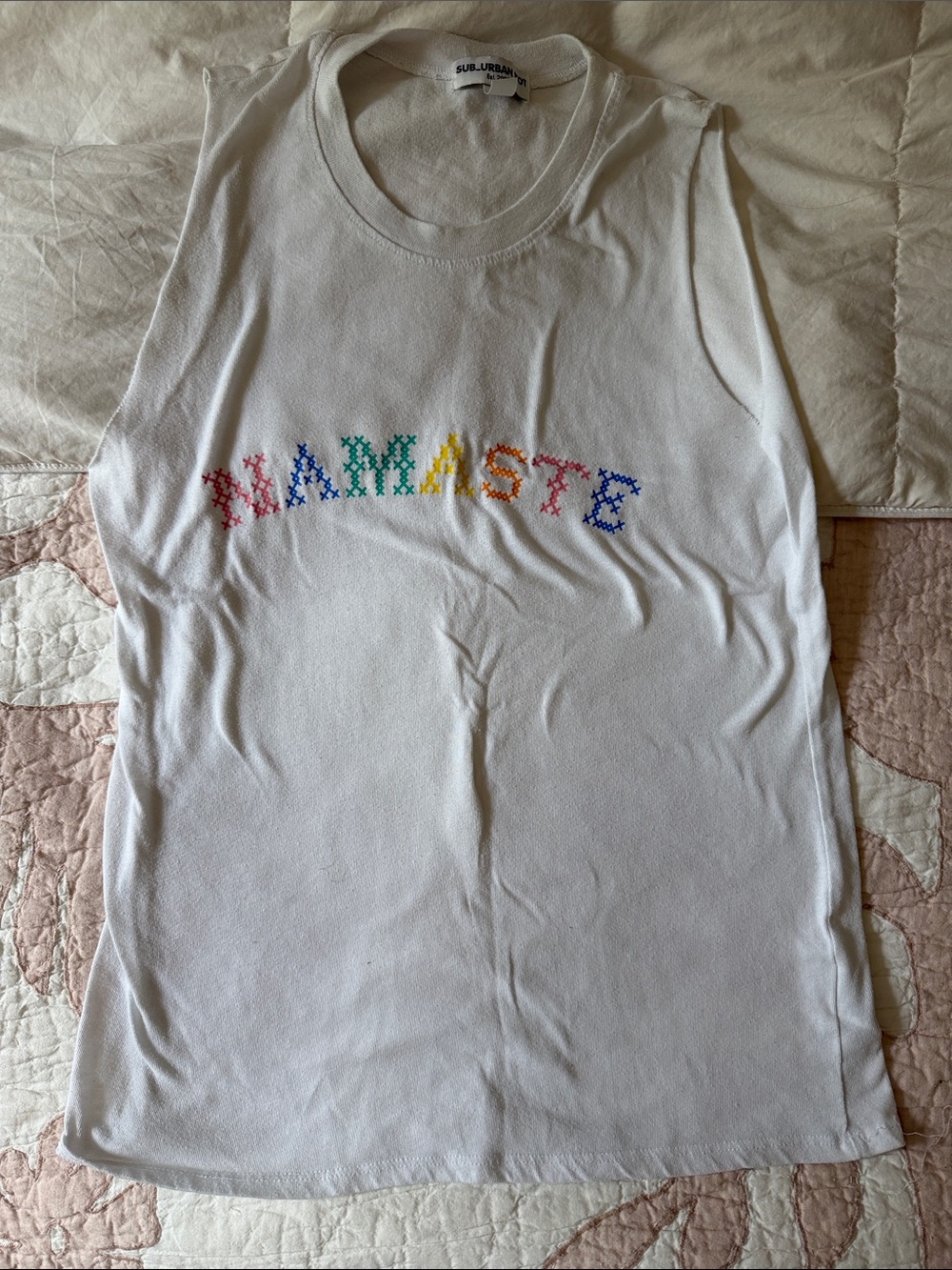 Sub_Urban Riot White Sleeveless "NAMASTE" Cross-Stitch Top